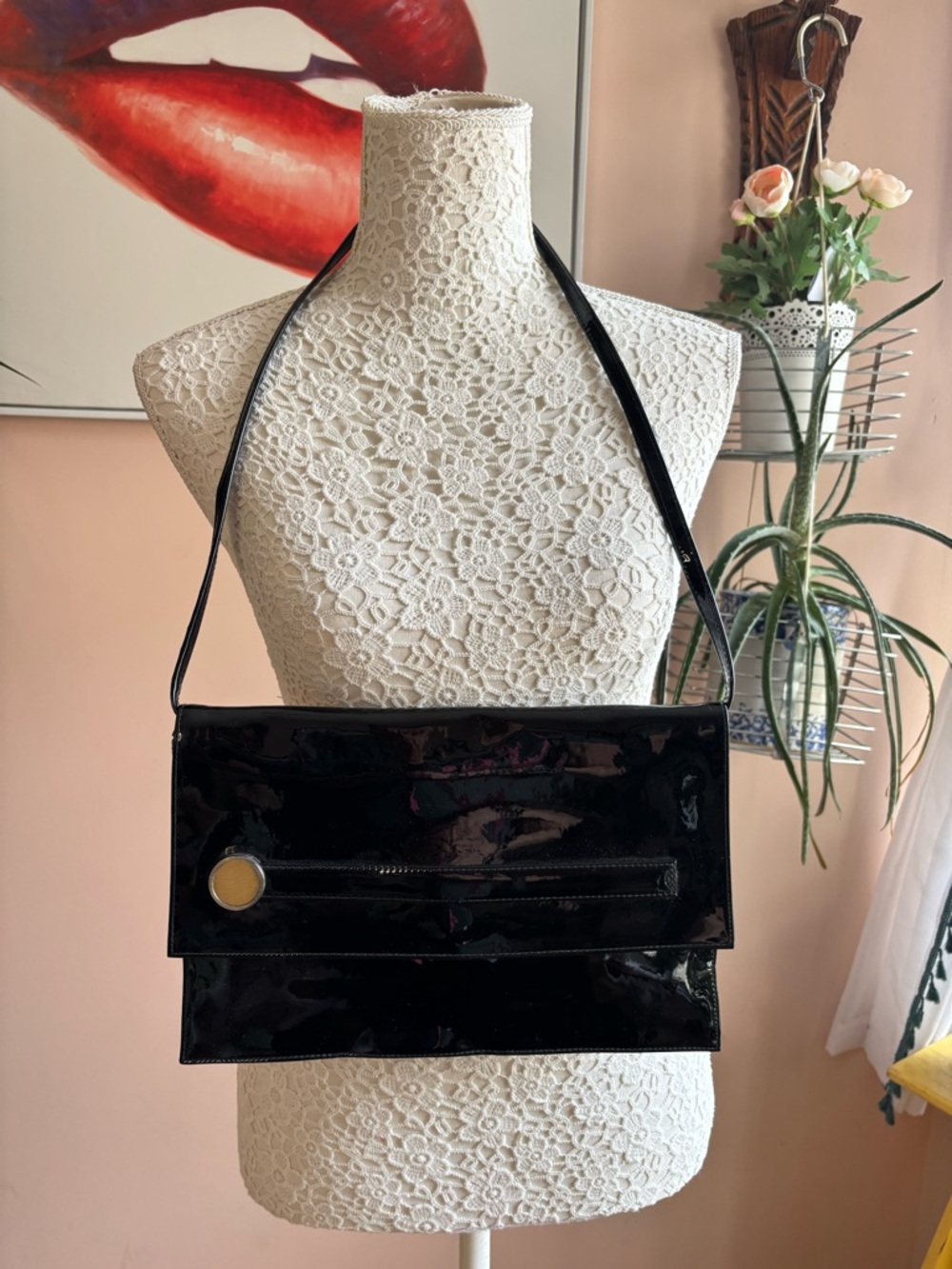 Vintage Glossy Black Patent Leather Shoulder Bag with Gold Accent